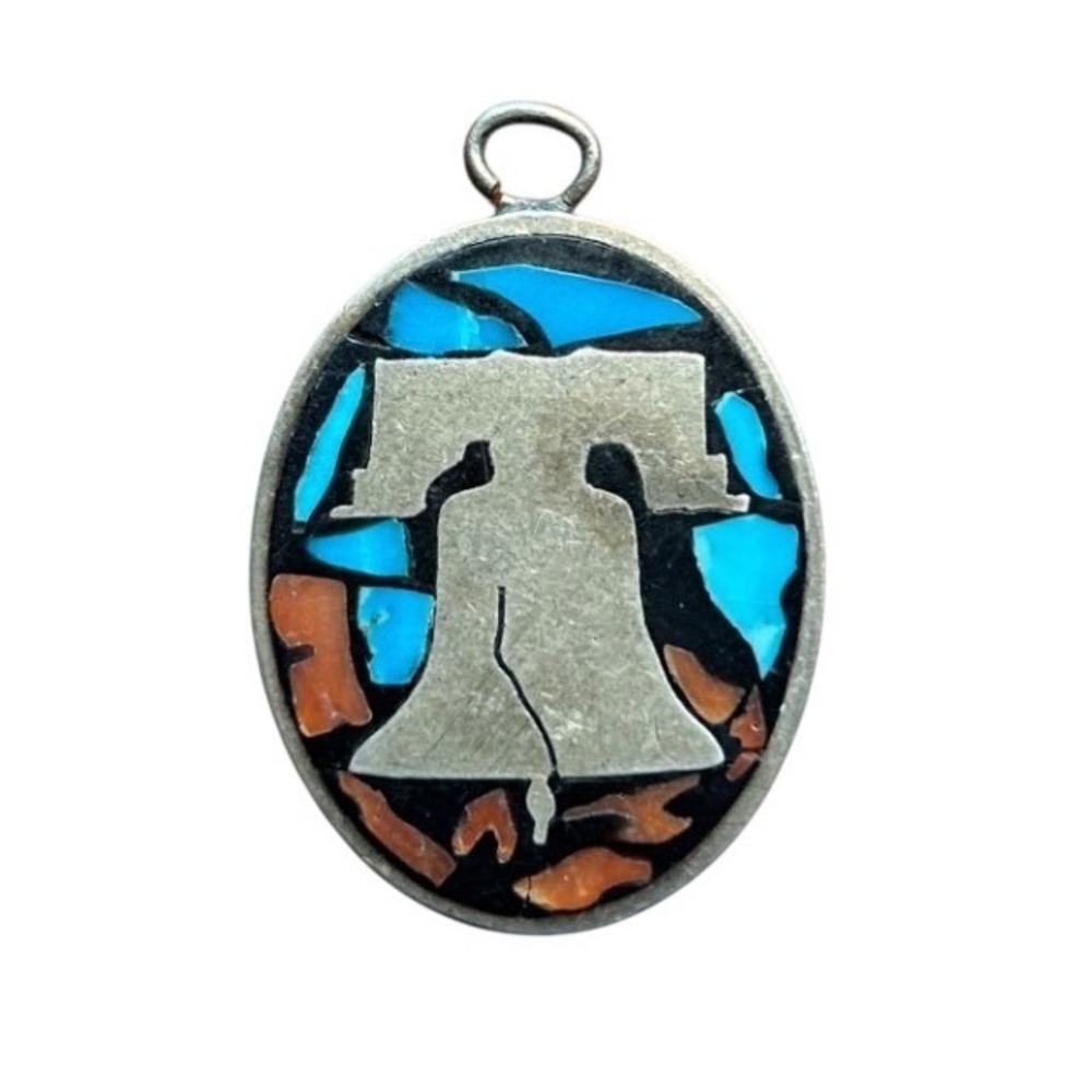 Sterling Native Liberty Bell Mosaic Pendant Turquoise Stone Oval Southwestern